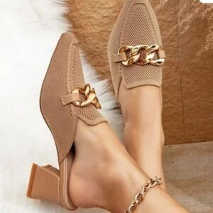 Women's Tan heels Loafers with Gold Chain